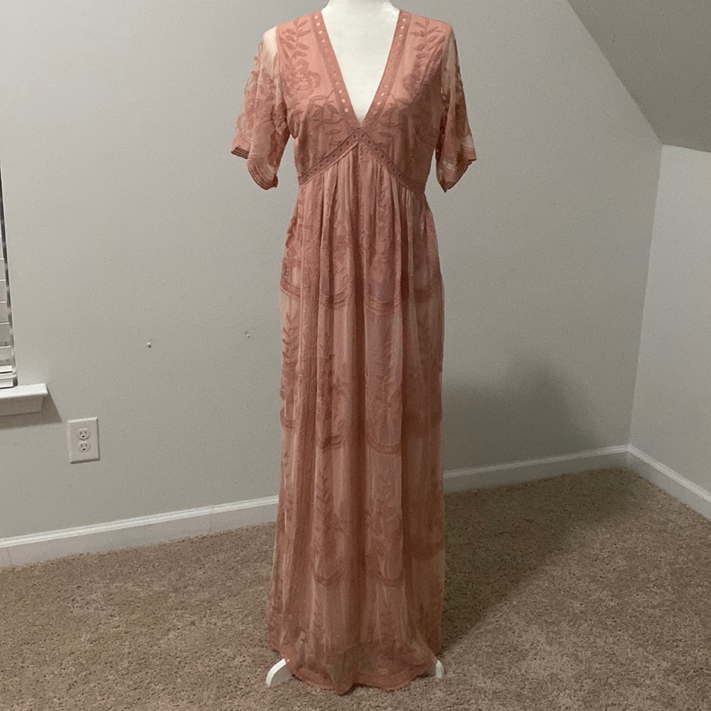 Light pink lace mesh overlay maternity maxi dress